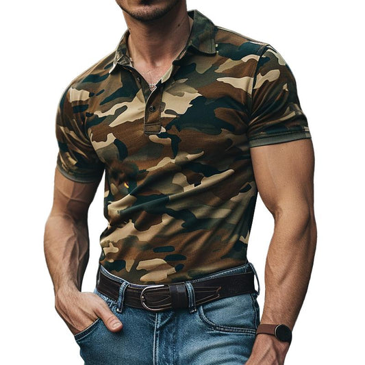 Men's Casual Camo Cotton Blend Lapel Short Sleeve Polo Shirt 35336754M