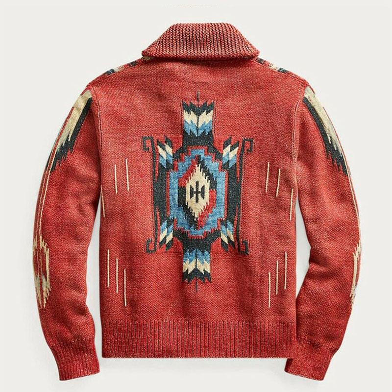 Men's Vintage Jacquard Lapel Single Breasted Long Sleeve Knit Cardigan 51482095M