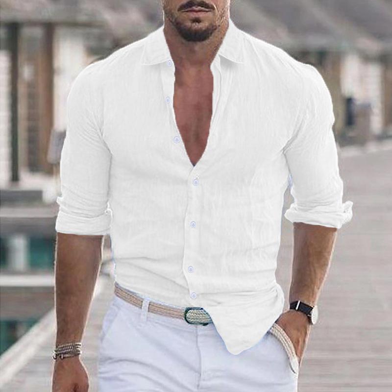 Men's Casual Solid Color Lapel Cotton Blend Long Sleeve Shirt 21280669Y