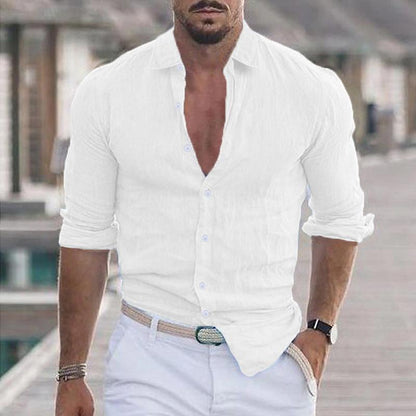 Men's Casual Solid Color Lapel Cotton Blend Long Sleeve Shirt 21280669Y