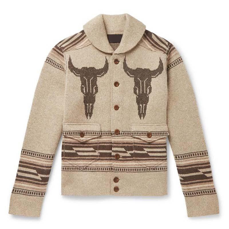 Men's Vintage Jacquard Lapel Single Breasted Knit Cardigan 26382727M