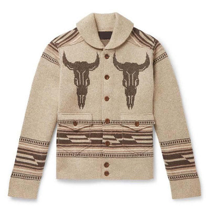 Men's Vintage Jacquard Lapel Single Breasted Knit Cardigan 26382727M