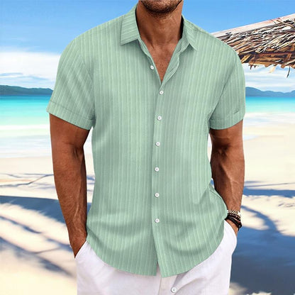 【24-hour shipping out】Men's Cotton Linen Stripe Print Loose Short Sleeve Lapel Shirt 89995369X