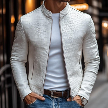 【24-hour shipping out】Men's Fashion Stone Pattern Stand Collar Zipper Slim Fit Leather Jacket 45773252M