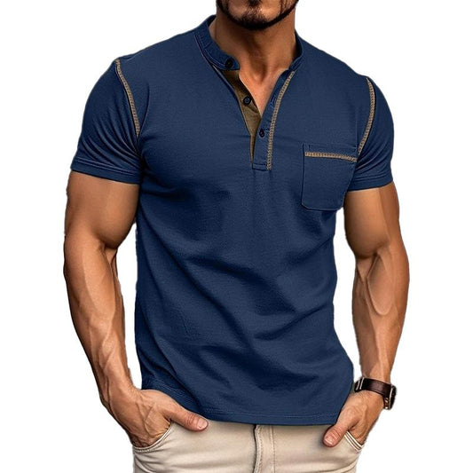 【24-hour shipping out】Men's Casual Colorblock Henley Collar Cotton Short Sleeve T-Shirt 53275107Y