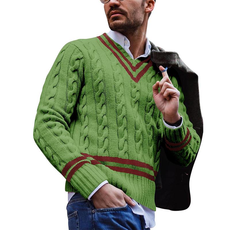 Men's Casual V-Neck Colorblock Striped Loose Knit Sweater 46504810M