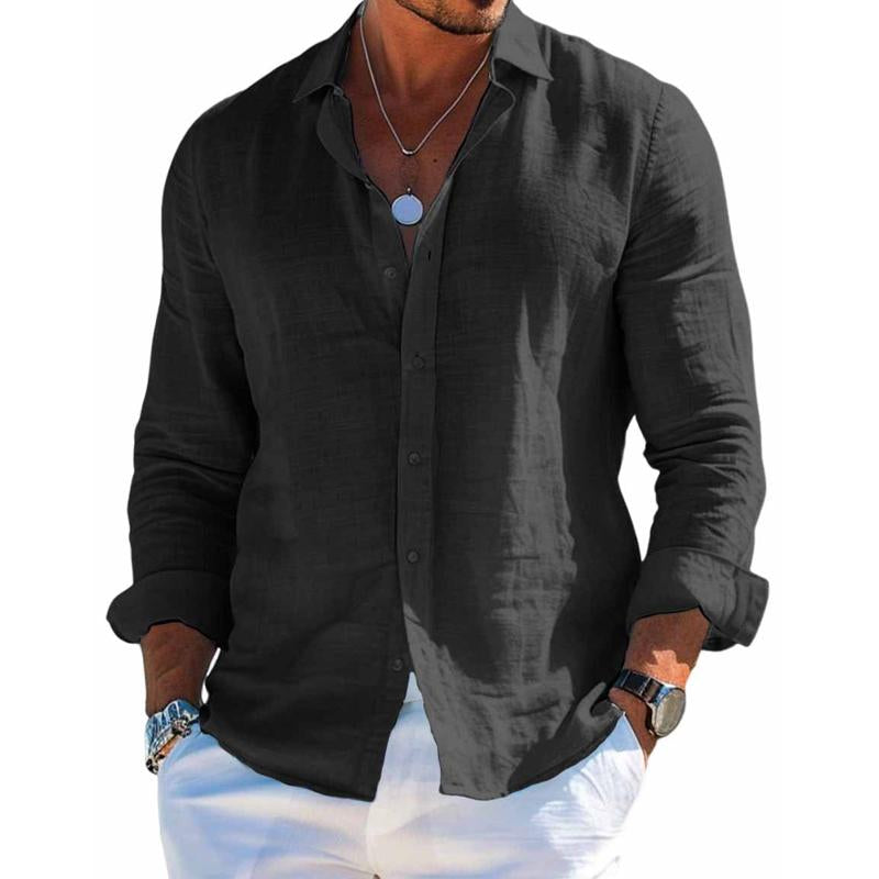 Men's Cotton and Linen Casual Solid Color Lapel Shirt Long Sleevs