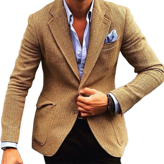 Men's Vintage Herringbone Wool Blend Lapel Single Breasted Blazer 84719153M