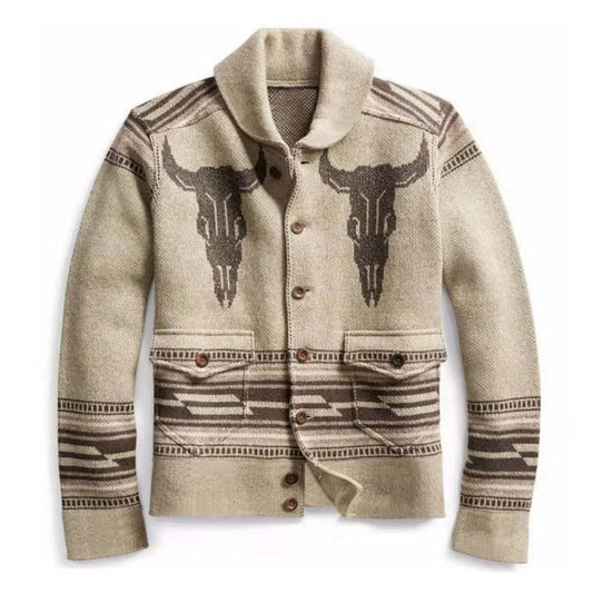 Men's Vintage Jacquard Lapel Single Breasted Knit Cardigan 26382727M