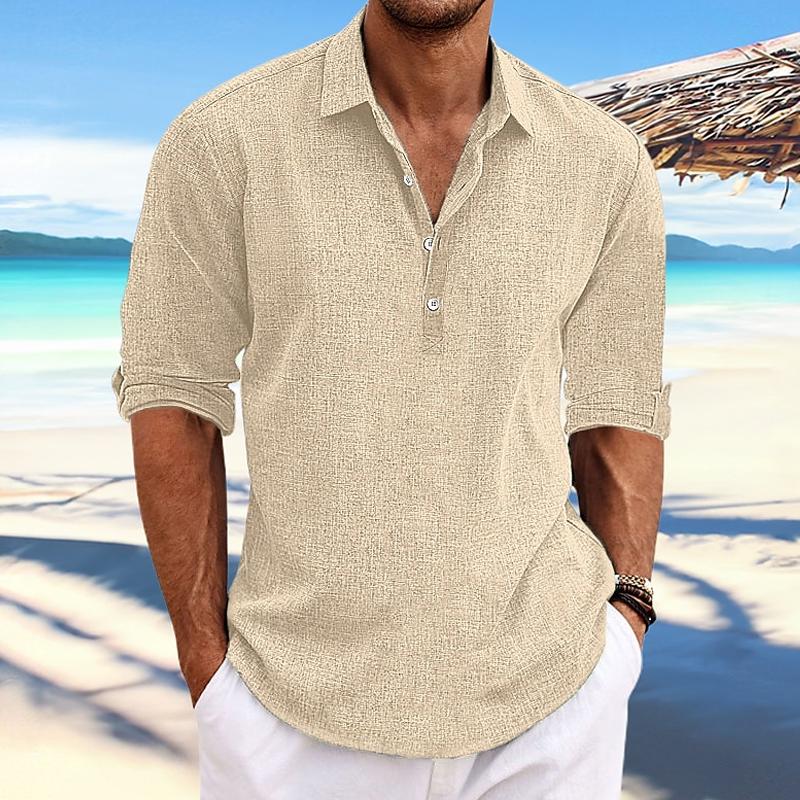Men's Casual Solid Color Pullover Lapel Roll-Up Cotton and Linen Sleeve Long Sleeve Shirt 41061054Y