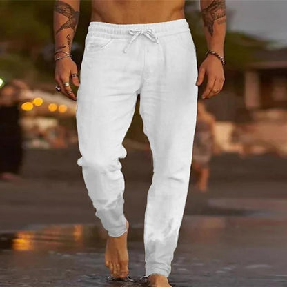 【24-hour shipping out】Men's Casual Solid Color Cotton Blend Drawstring Elastic Waist Loose Beach Pants 31939183M