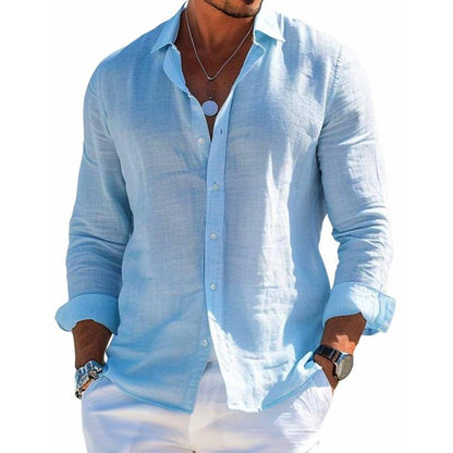 Men's Cotton and Linen Casual Solid Color Lapel Shirt Long Sleevs