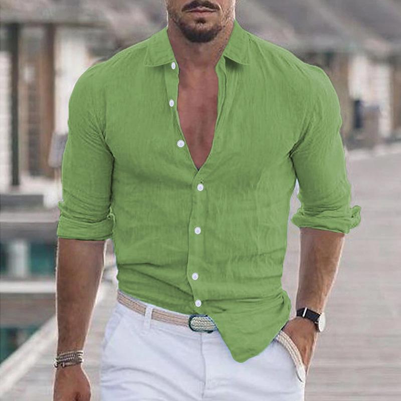 Men's Casual Solid Color Lapel Cotton Blend Long Sleeve Shirt 21280669Y