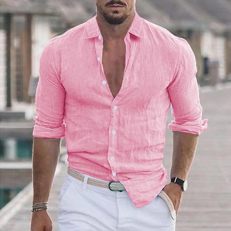Men's Casual Solid Color Lapel Cotton Blend Long Sleeve Shirt 21280669Y