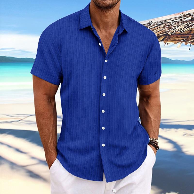 【24-hour shipping out】Men's Cotton Linen Stripe Print Loose Short Sleeve Lapel Shirt 89995369X