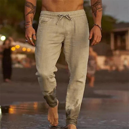 【24-hour shipping out】Men's Casual Solid Color Cotton Blend Drawstring Elastic Waist Loose Beach Pants 31939183M
