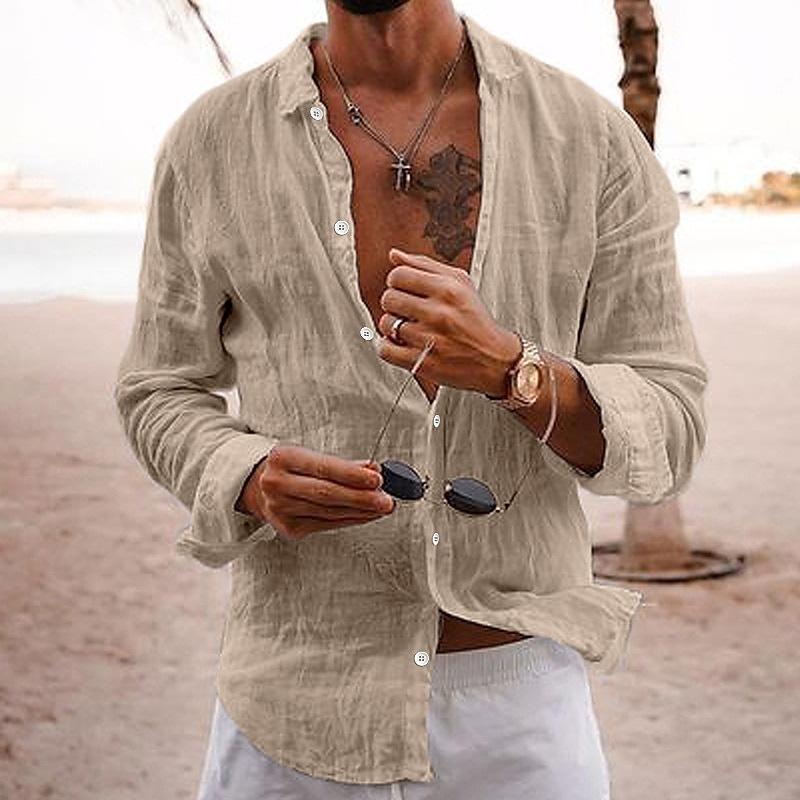 【24-hour shipping out】Men's Casual Solid Color Lapel Cotton Linen Long-Sleeved Shirt 76098441M