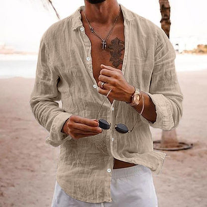 【24-hour shipping out】Men's Casual Solid Color Lapel Cotton Linen Long-Sleeved Shirt 76098441M