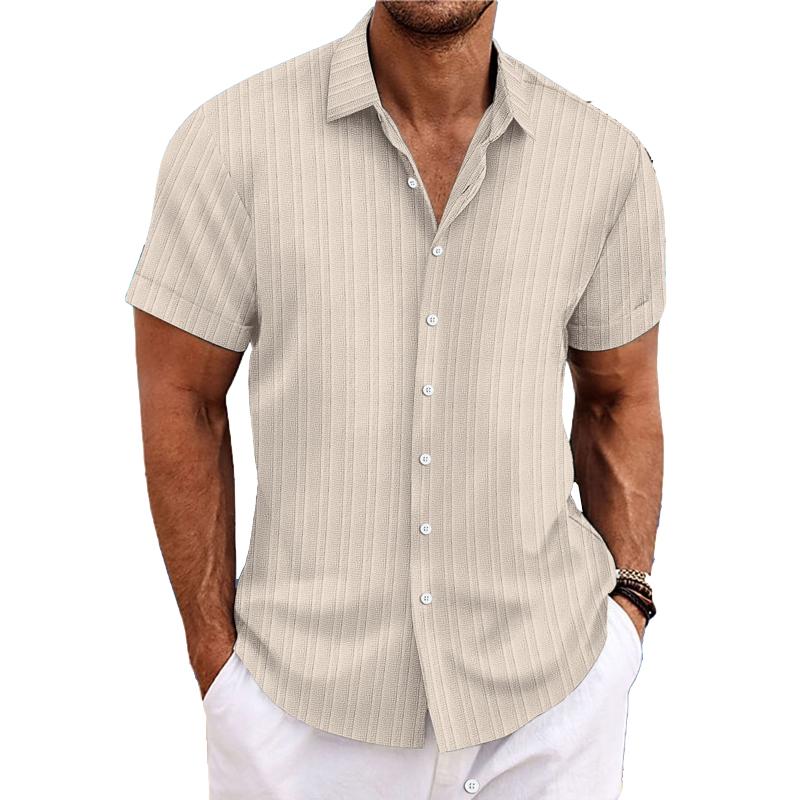 【24-hour shipping out】Men's Cotton Linen Stripe Print Loose Short Sleeve Lapel Shirt 89995369X