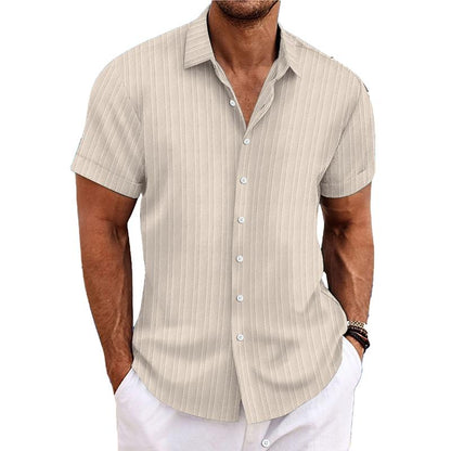 【24-hour shipping out】Men's Cotton Linen Stripe Print Loose Short Sleeve Lapel Shirt 89995369X
