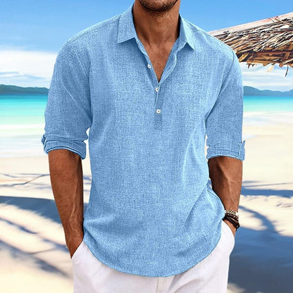 Men's Casual Solid Color Pullover Lapel Roll-Up Cotton and Linen Sleeve Long Sleeve Shirt 41061054Y
