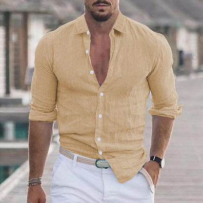 Men's Casual Solid Color Lapel Cotton Blend Long Sleeve Shirt 21280669Y