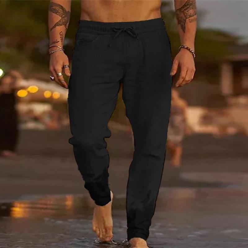 【24-hour shipping out】Men's Casual Solid Color Cotton Blend Drawstring Elastic Waist Loose Beach Pants 31939183M