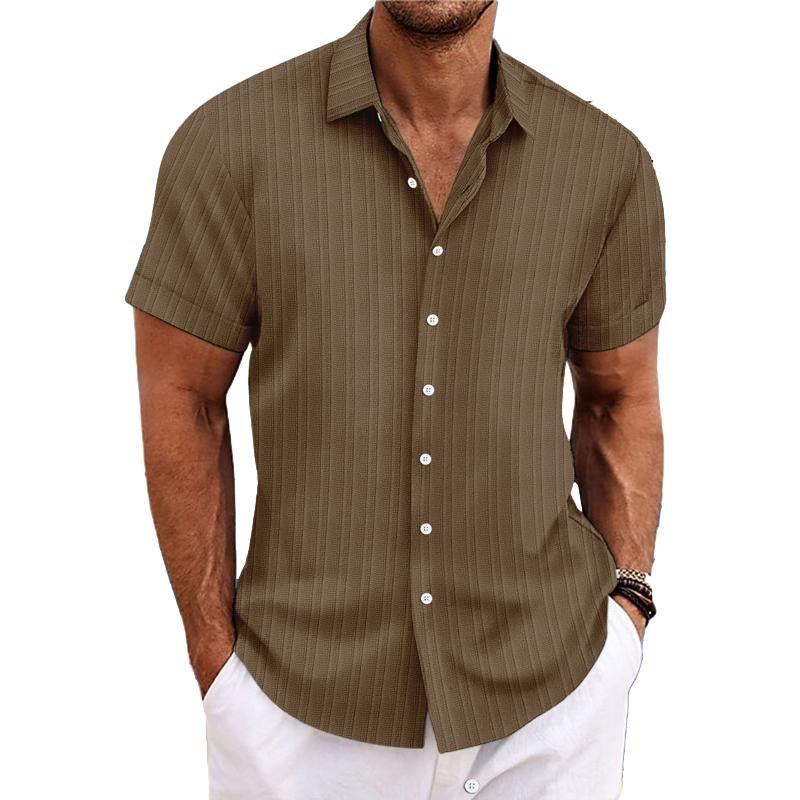 【24-hour shipping out】Men's Cotton Linen Stripe Print Loose Short Sleeve Lapel Shirt 89995369X