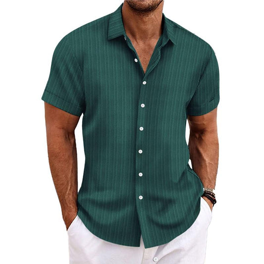 【24-hour shipping out】Men's Cotton Linen Stripe Print Loose Short Sleeve Lapel Shirt 89995369X