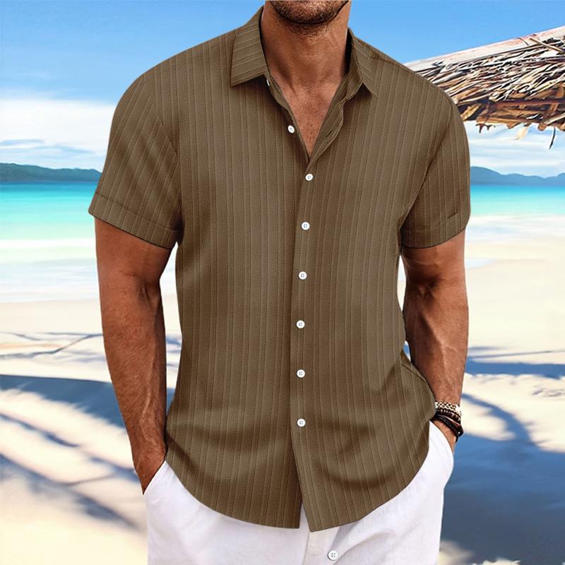 【24-hour shipping out】Men's Cotton Linen Stripe Print Loose Short Sleeve Lapel Shirt 89995369X