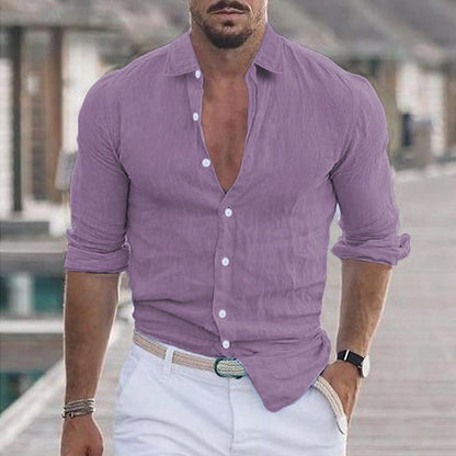 Men's Casual Solid Color Lapel Cotton Blend Long Sleeve Shirt 21280669Y