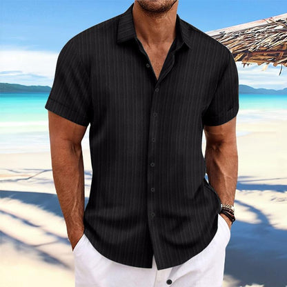 【24-hour shipping out】Men's Cotton Linen Stripe Print Loose Short Sleeve Lapel Shirt 89995369X