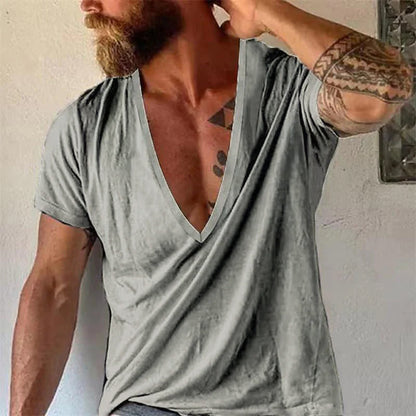 【24-hour shipping out】Men's Casual Solid Color Breathable Cotton V-Neck Short-Sleeved T-Shirt 19594146M