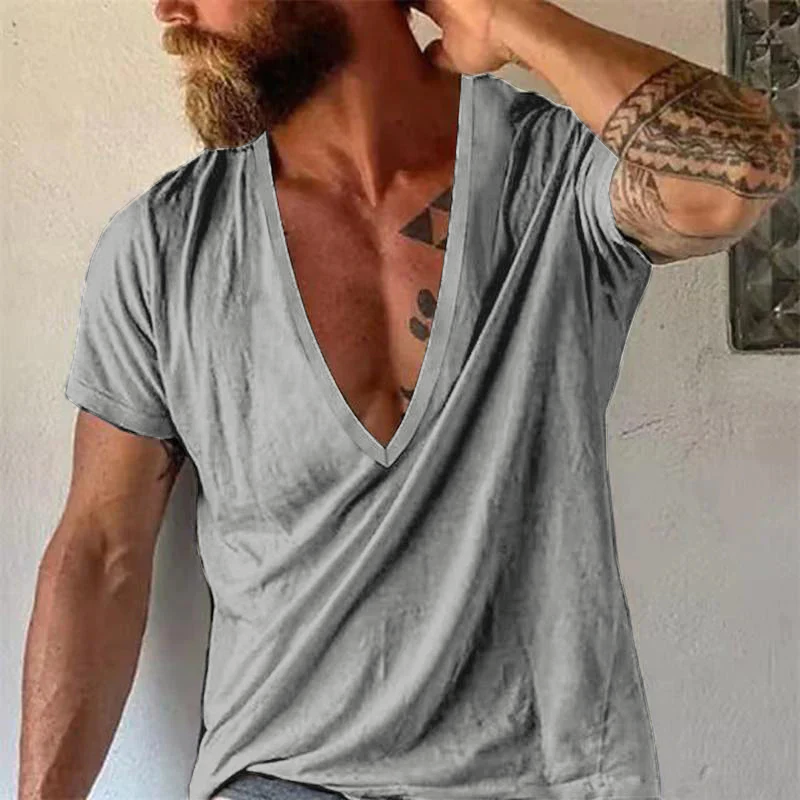 【24-hour shipping out】Men's Casual Solid Color Breathable Cotton V-Neck Short-Sleeved T-Shirt 19594146M