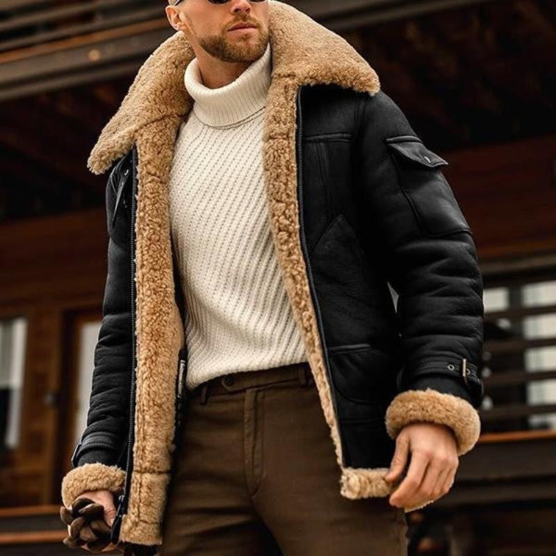 Men's Vintage Winter Lambswool Warm Lapel Multi-pocket Thick Coat 41317609M