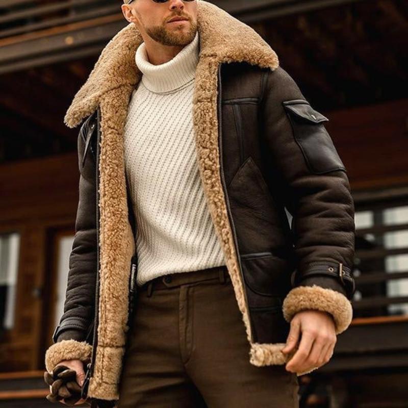 Men's Vintage Winter Lambswool Warm Lapel Multi-pocket Thick Coat 41317609M