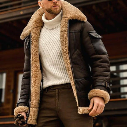 Men's Vintage Winter Lambswool Warm Lapel Multi-pocket Thick Coat 41317609M