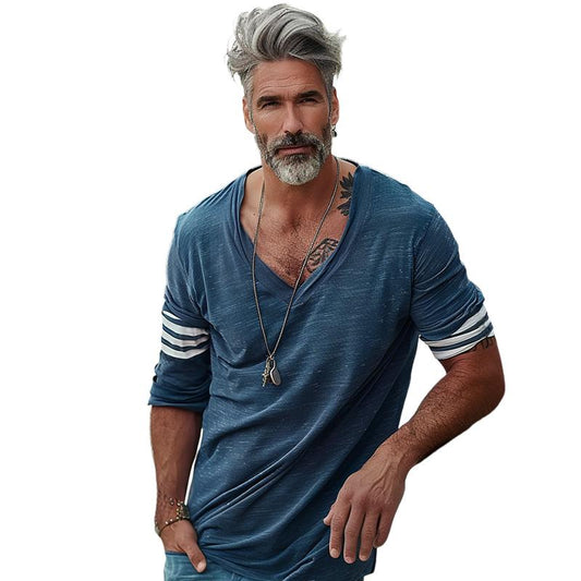 Men's Loose V-Neck Striped Patchwork Cotton Long-Sleeved T-Shirt 66090274Y