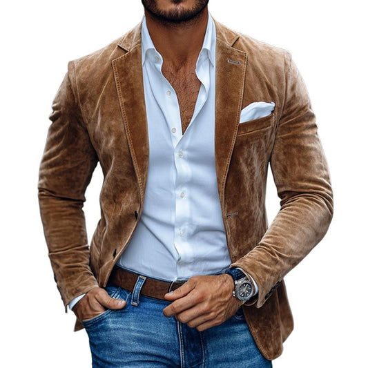 【24-hour shipping out】Men's Fashion Solid Suede Notch Lapel Two Buttons Casual Blazer 01543684Z