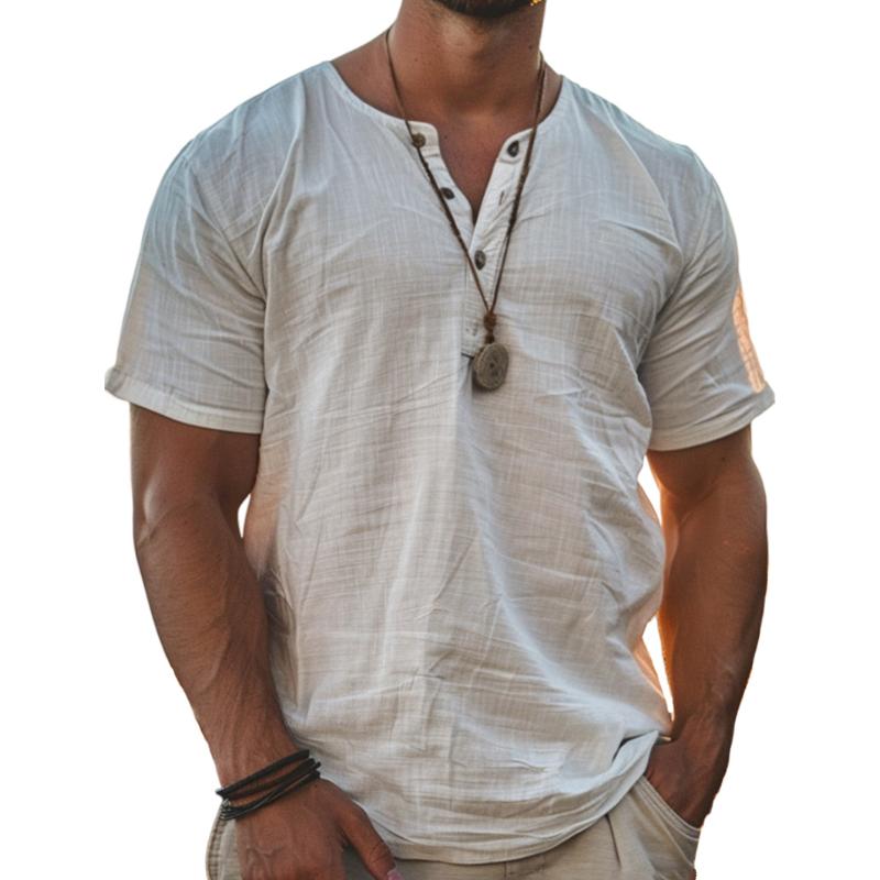 【24-hour shipping out】Men's Solid Henley Cotton and Linen Short Sleeve T-Shirt 73940181Y