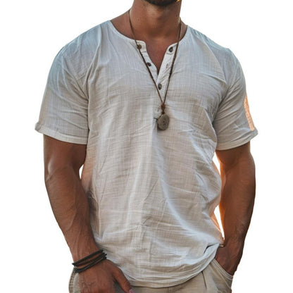 【24-hour shipping out】Men's Solid Henley Cotton and Linen Short Sleeve T-Shirt 73940181Y
