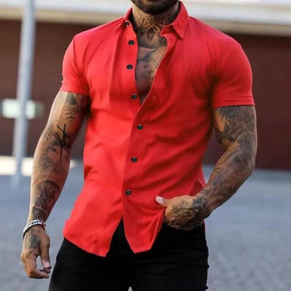 【24-hour shipping out】Men's Solid Lapel Short Sleeve Sports Fitness Shirt 23811118Z