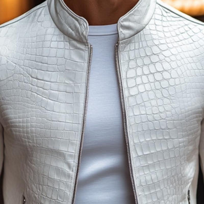 【24-hour shipping out】Men's Fashion Stone Pattern Stand Collar Zipper Slim Fit Leather Jacket 45773252M