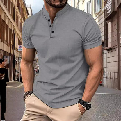【24-hour shipping out】 Men's Casual Stand Collar Waffle Slim Fit Short Sleeve T-Shirt 21454794M