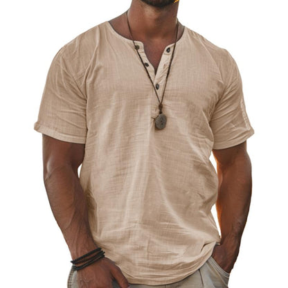 【24-hour shipping out】Men's Solid Henley Cotton and Linen Short Sleeve T-Shirt 73940181Y