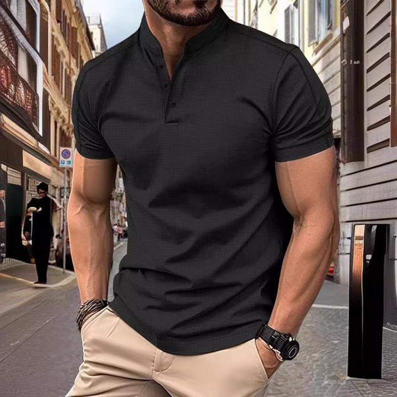 【24-hour shipping out】 Men's Casual Stand Collar Waffle Slim Fit Short Sleeve T-Shirt 21454794M