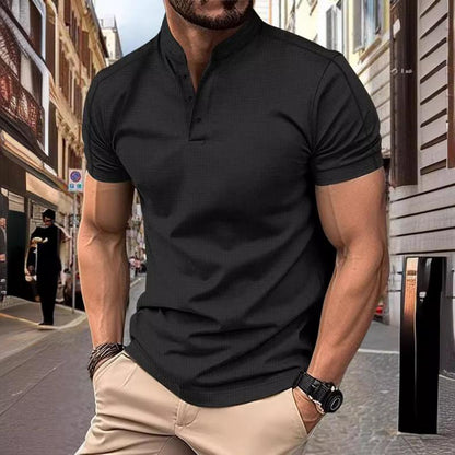 【24-hour shipping out】 Men's Casual Stand Collar Waffle Slim Fit Short Sleeve T-Shirt 21454794M