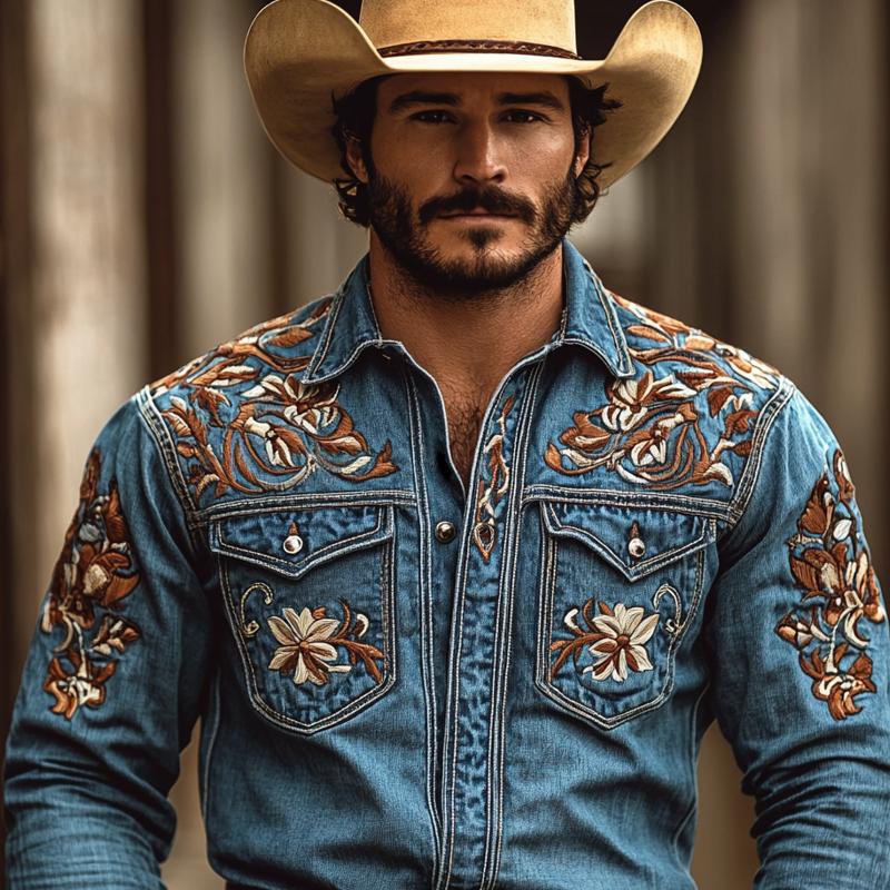 【24-hour shipping out】Men's Western Cowboy Style Embroidered Lapel Chest Pocket Long Sleeve Denim Shirt 00380923Z