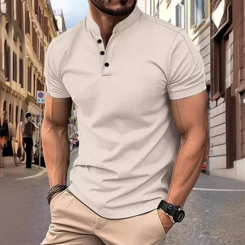 【24-hour shipping out】 Men's Casual Stand Collar Waffle Slim Fit Short Sleeve T-Shirt 21454794M