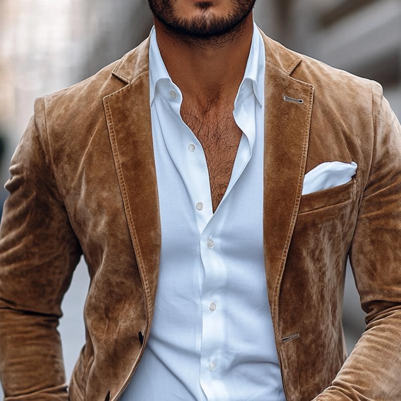 【24-hour shipping out】Men's Fashion Solid Suede Notch Lapel Two Buttons Casual Blazer 01543684Z